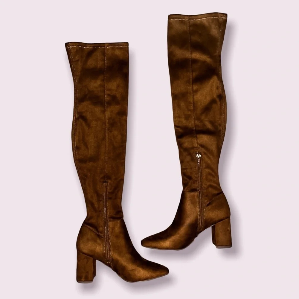 Steve Madden Shaya Boots Cognac Brown Over The Knee Suede Leather Heels Size 6.5